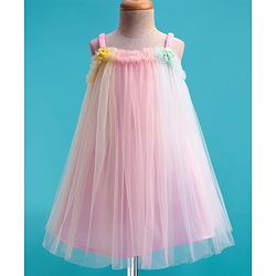 Babyhug Woven Mesh Sleeveless Party Wear Dress With Ruffles & Floral Applique - Pink