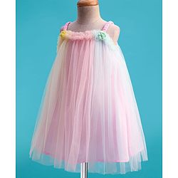 Babyhug Woven Mesh Sleeveless Party Wear Dress With Ruffles & Floral Applique - Pink