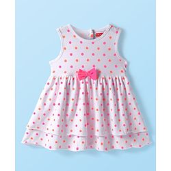Babyhug Cotton Woven Sleeveless Frock with Polka Dots Print & Bow Applique - White