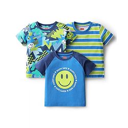 Babyhug Cotton Knit Half Raglan Sleeves T-shirt With Stripes & Smiley Print Pack Of 3 - Blue & Navy Blue