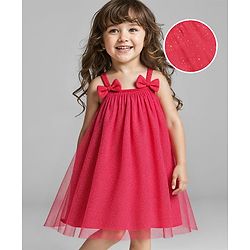 Babyhug Woven Sleeveless Shimmer Party A Line  Frock  With Ruffles Bow Applique - Coral