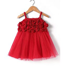 Babyhug Woven Sleeveless Party Dress With Floral Corsage & Glitter Print - Red