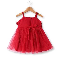 Babyhug Woven Sleeveless Party Dress With Floral Corsage & Glitter Print - Red