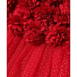 Babyhug Woven Sleeveless Party Dress With Floral Corsage & Glitter Print - Red
