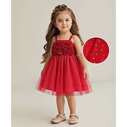 Babyhug Woven Sleeveless Party Dress With Floral Corsage & Glitter Print - Red