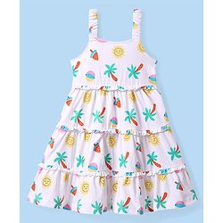 Babyhug Cotton Woven Sleeveless Tiered Frock with Tropical Theme Print - White