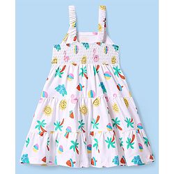 Babyhug Cotton Woven Sleeveless Tiered Frock with Tropical Theme Print - White