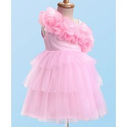 Babyhug Woven Sleeveless Mesh Fit And Flare One Shoulder Party Dress - Pink