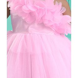 Babyhug Woven Sleeveless Mesh Fit And Flare One Shoulder Party Dress - Pink