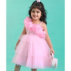 Babyhug Woven Sleeveless Mesh Fit And Flare One Shoulder Party Dress - Pink