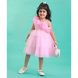 Babyhug Woven Sleeveless Mesh Fit And Flare One Shoulder Party Dress - Pink