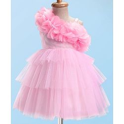 Babyhug Woven Sleeveless Mesh Fit And Flare One Shoulder Party Dress - Pink