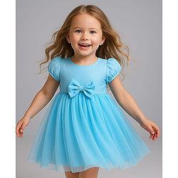 Babyhug Woven Cap Sleeves Party Wear Frock With Bow Applique - Light Blue