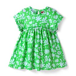 Babyhug Cotton Woven Half Sleeves Frock with Tropical Theme Print - Green