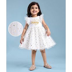 Babyhug Woven Sleeveless Mesh Fit And Flare Party Dress With Foil Text Print - White