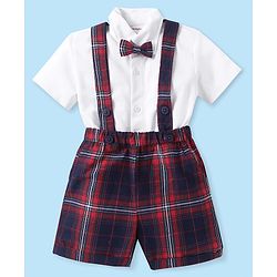 Babyhug Woven Half Sleeves Solid Color Shirt with Checkered Shorts with attached Suspender & Bow - White Navy & Red