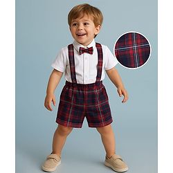 Babyhug Woven Half Sleeves Solid Color Shirt with Checkered Shorts with attached Suspender & Bow - White Navy & Red