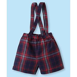 Babyhug Woven Half Sleeves Solid Color Shirt with Checkered Shorts with attached Suspender & Bow - White Navy & Red