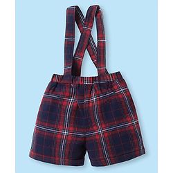 Babyhug Woven Half Sleeves Solid Color Shirt with Checkered Shorts with attached Suspender & Bow - White Navy & Red