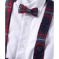 Babyhug Woven Half Sleeves Solid Color Shirt with Checkered Shorts with attached Suspender & Bow - White Navy & Red