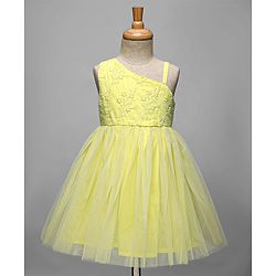 Babyhug Woven Sleeveless Party Dress With Floral Embroidery - Yellow