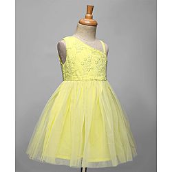 Babyhug Woven Sleeveless Party Dress With Floral Embroidery - Yellow