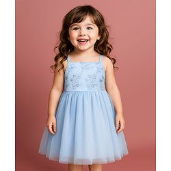 Babyhug Woven Sleeveless Mesh Party Dress With Floral Embroidery - Light Blue