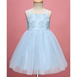 Babyhug Woven Sleeveless Mesh Party Dress With Floral Embroidery - Light Blue