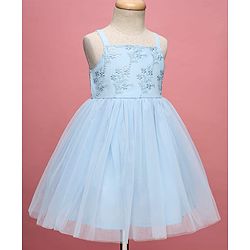 Babyhug Woven Sleeveless Mesh Party Dress With Floral Embroidery - Light Blue