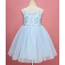 Babyhug Woven Sleeveless Mesh Party Dress With Floral Embroidery - Light Blue