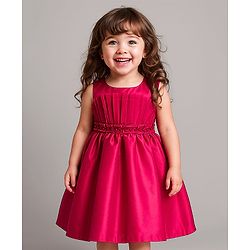 Babyhug Sleeveless Premium Satin 5 Layers Fit & Flare Party Dress With Pleated Ruffles on Yoke and Cotton Lining - Dark Pink
