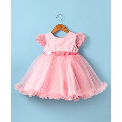 Babyhug Woven Half Puffed Sleeves Fit & Flare Textured Party Dress with Floral Corsage - Pink