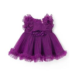 Babyhug Woven Sleeveless Fit & Flare Mesh Party Dress with Ruffles & Floral Applique - Purple