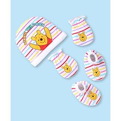 Babyhug Disney Interlock Knit Cap Mittens & Booties With Winnie The Pooh Print White - Diameter 10.5