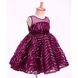 Babyhug Woven Sleeveless Dress With Sequin Detailing and Floral Applique - Wine