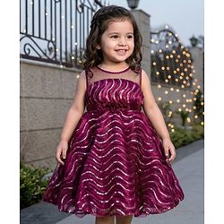 Babyhug Woven Sleeveless Dress With Sequin Detailing and Floral Applique - Wine