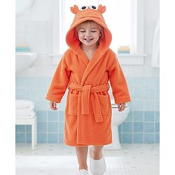 Babyhug Velour Knit Full Sleeves Bath Robe With Lobster Embroidery - Orange