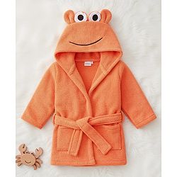 Babyhug Velour Knit Full Sleeves Bath Robe With Lobster Embroidery - Orange