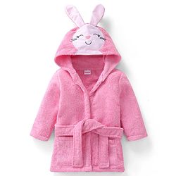 Babyhug Microfiber Terry Knit Full Sleeves Hooded Bath Robe With Bunny Ears Applique Embroidery - Pink
