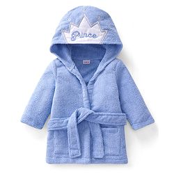 Babyhug Velour Knit Full Sleeves Microfiber Hooded Bath Robe With Prince Embroidery - Blue