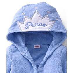 Babyhug Velour Knit Full Sleeves Microfiber Hooded Bath Robe With Prince Embroidery - Blue