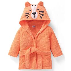 Babyhug Microfiber Terry Knit Full Sleeves Hooded Bath Robe With Tiger Ears Applique Embroidery -Orange