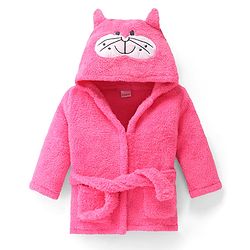 Babyhug Terry Knit Full Sleeves Hooded Bath Robe With Cat Embroidery - Dark Pink
