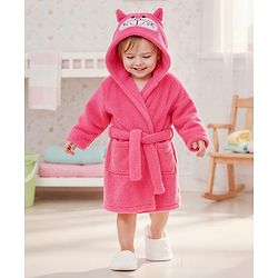 Babyhug Terry Knit Full Sleeves Hooded Bath Robe With Cat Embroidery - Dark Pink