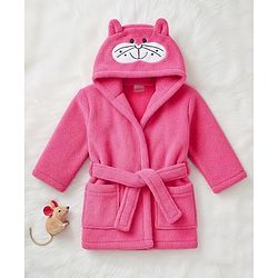 Babyhug Terry Knit Full Sleeves Hooded Bath Robe With Cat Embroidery - Dark Pink