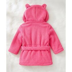 Babyhug Terry Knit Full Sleeves Hooded Bath Robe With Cat Embroidery - Dark Pink