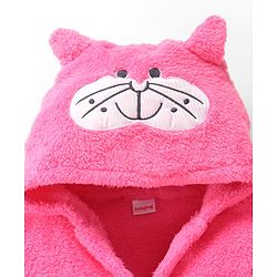 Babyhug Terry Knit Full Sleeves Hooded Bath Robe With Cat Embroidery - Dark Pink