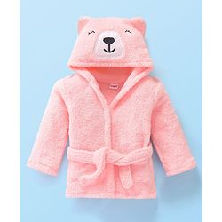 Babyhug Velour Knit Full Sleeves Hooded Bath Robe With Bear Embroidery - Pink