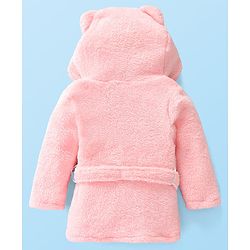 Babyhug Velour Knit Full Sleeves Hooded Bath Robe With Bear Embroidery - Pink