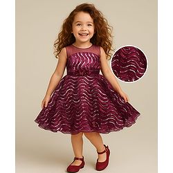 Babyhug Woven Sleeveless Party Dress With Sequin Detailing & Floral Corsage - Wine